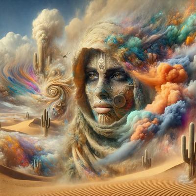 The primary subject of the image is a woman with a hooded robe, possibly a cape, and a mask on her face. She is wearing a necklace and has a unique appearance. The setting is a desert landscape, with sand and cacti visible in the background. The visual style of the image is digital art, as it is a detailed and intricate illustration. The colors and mood of the image are predominantly earthy tones, such as browns, oranges, and greens,